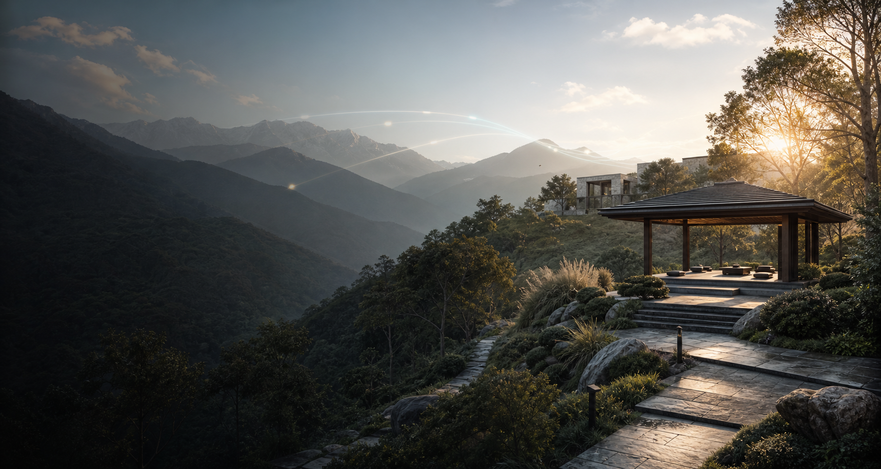 A serene Himalayan foothill retreat at dawn