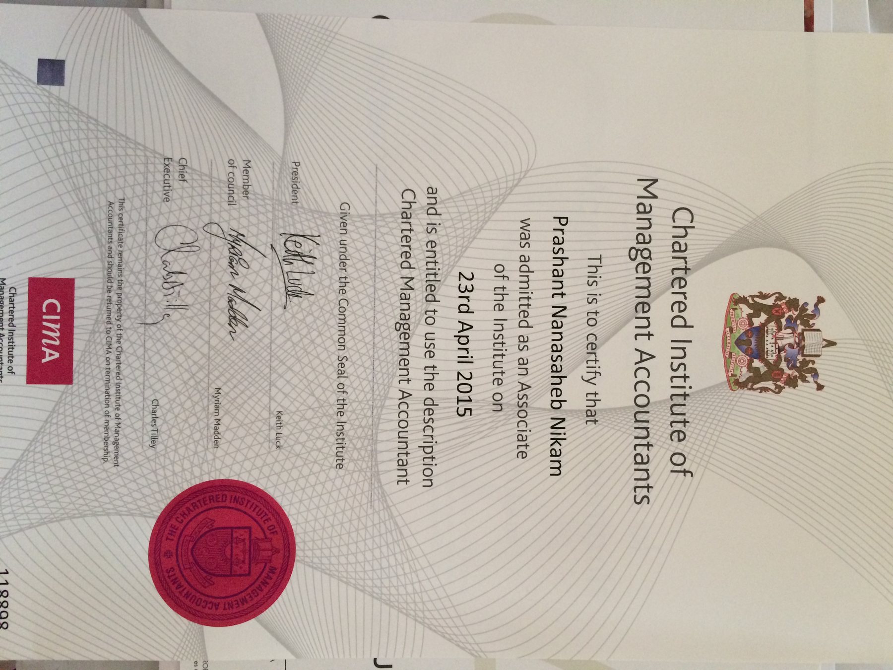 CIMA qualification certificate